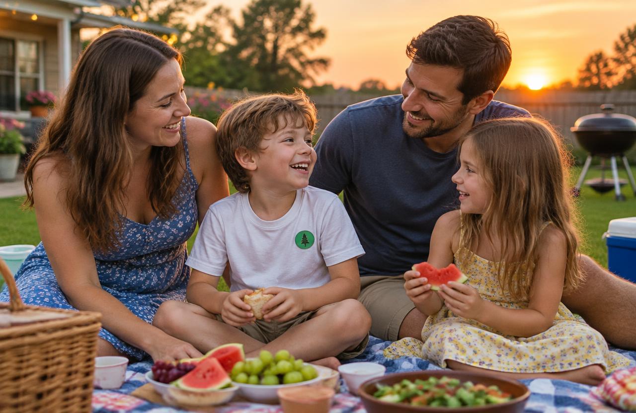 Family enjoying a backyard picnic with RepelMate patches